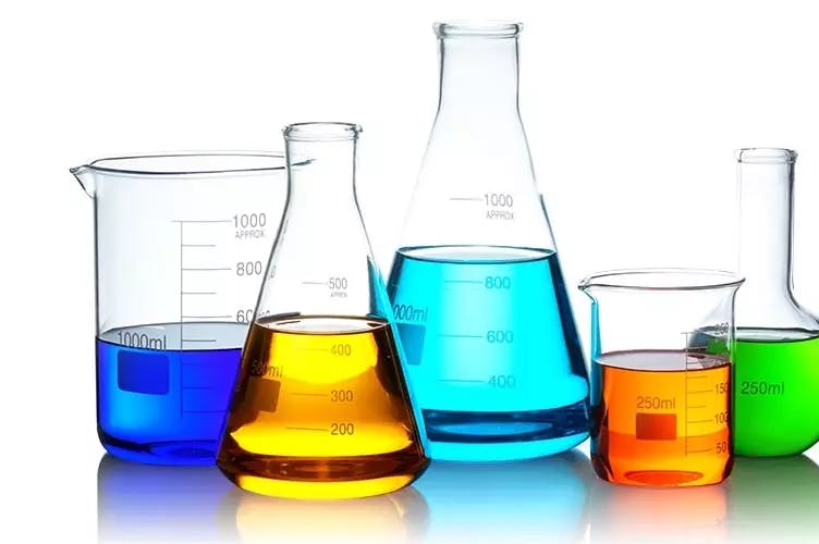 Various chemicals inside of glass containers.